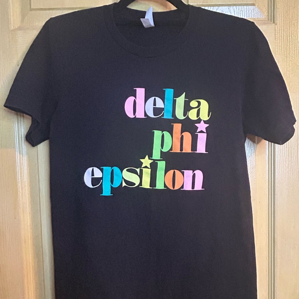 Bella Canvas Black Tee with Colorful Delta Phi Epsilon Design
